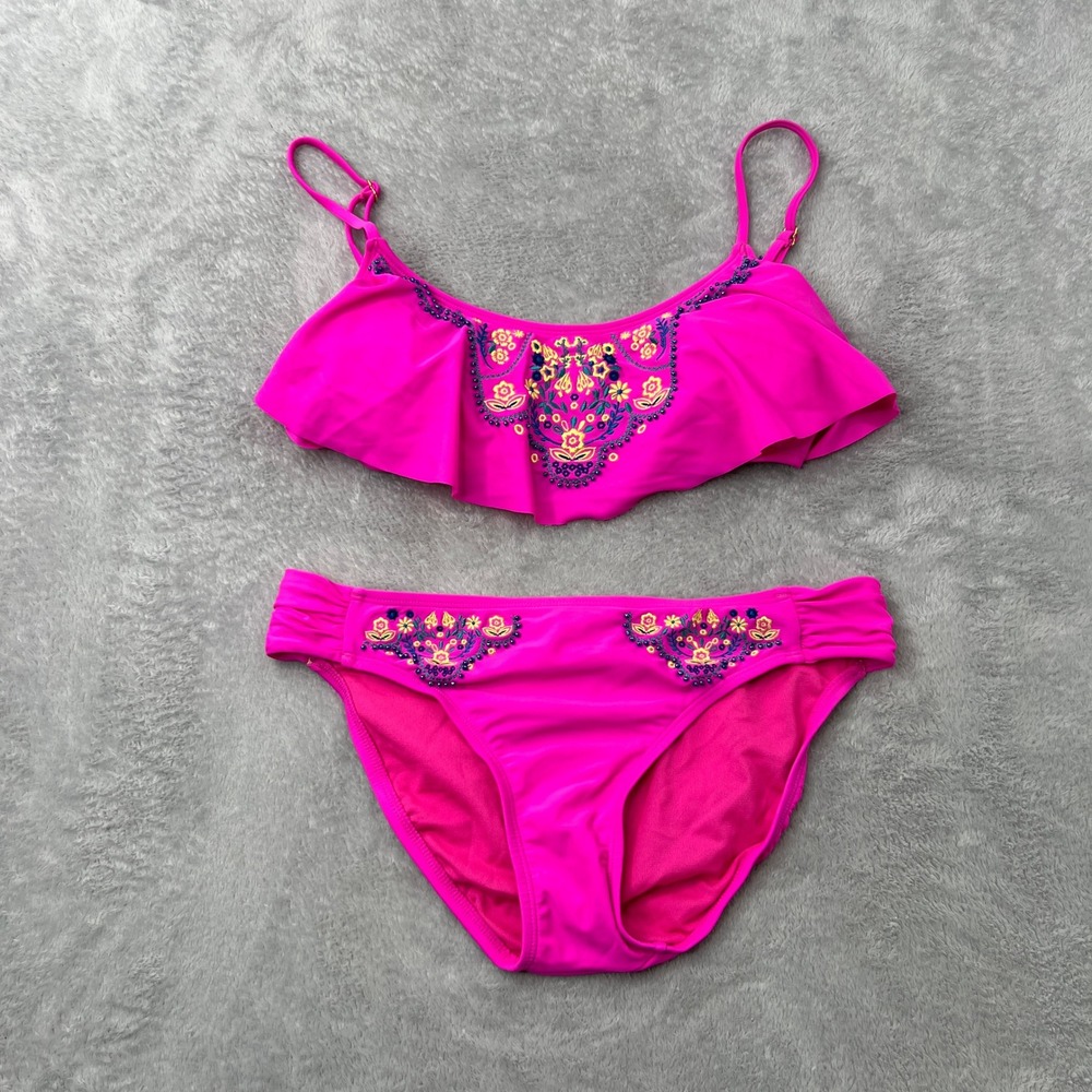 Hobie Embroidered Flounce Bikini Set M Hot Pink Women Boho Beaded Swimsuit